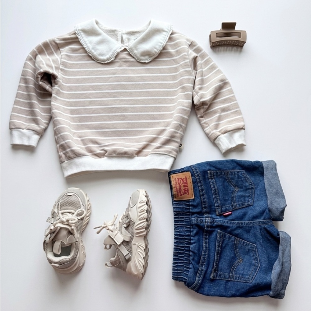 Striped Peter Pan Collar Easy Peasy Sweatshirt in Beige